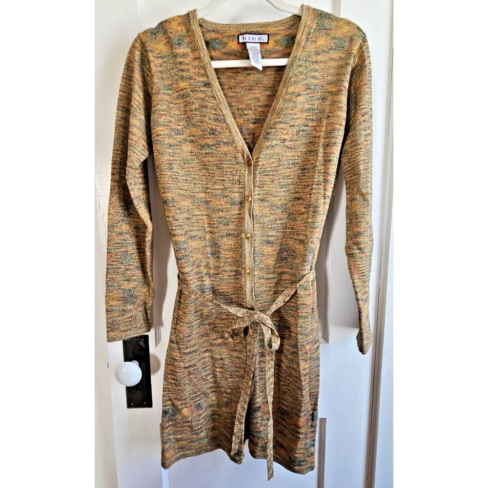 Vtg BICE sweater shirt dress knit duster button marled metallic w/belt small